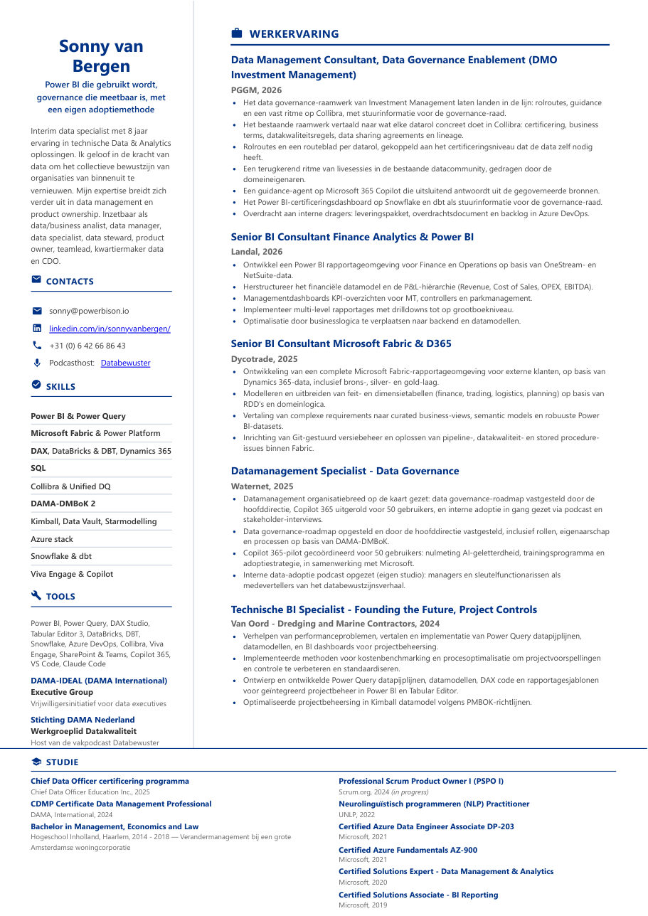 Cv van Sonny van Bergen, pagina 1